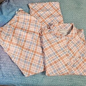 New !! Soft Surroundings Casual Plaid Shirt and Pants - Orange and Blue